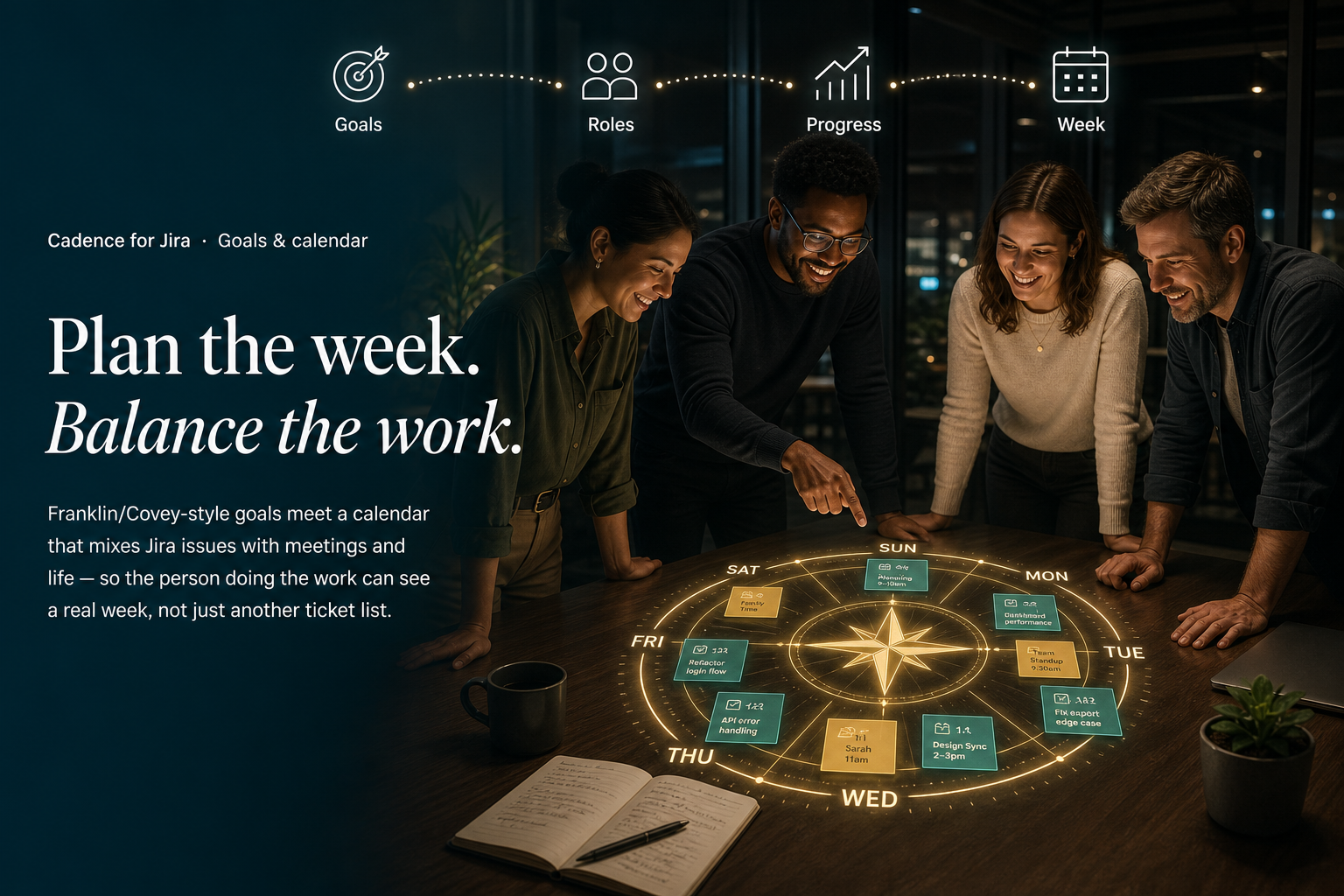 Cadence for Jira — Plan the week. Balance the work. Team around a glowing week compass.