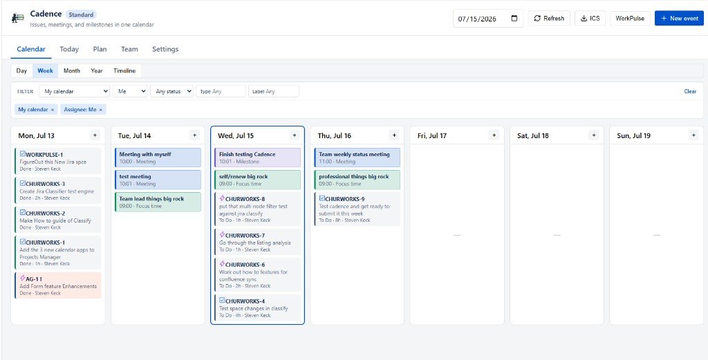 Cadence mixed calendar — Jira issues, meetings, and Big Rock focus blocks