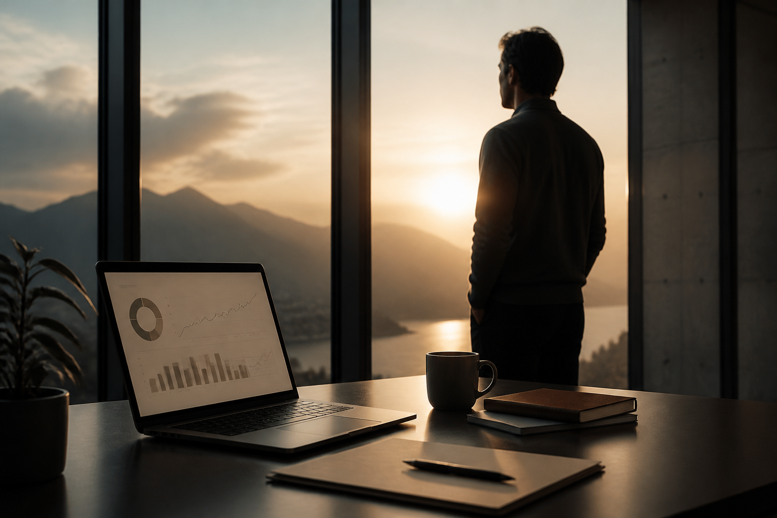 Person at work looking toward open landscape light