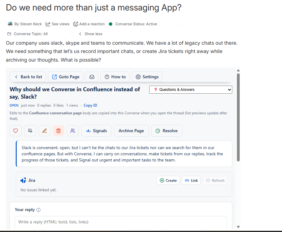 Converse conversation embedded on a Confluence page