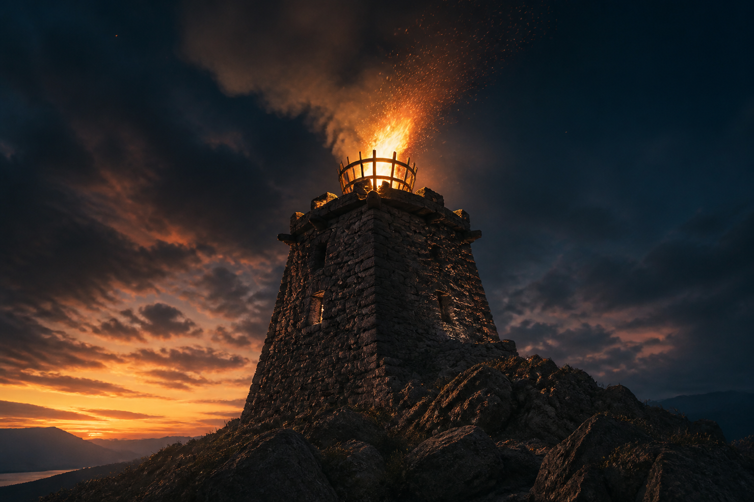 Signal tower with a watch fire burning at the top