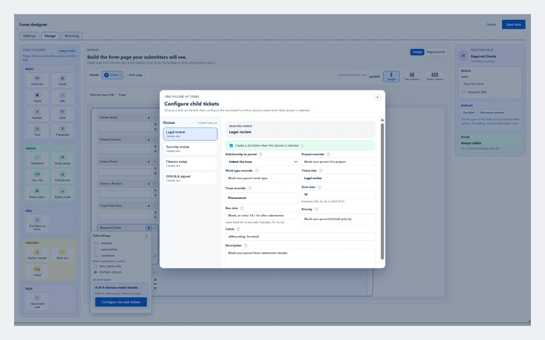FormHub Jira follow-up tasks — configure child tickets from form choices