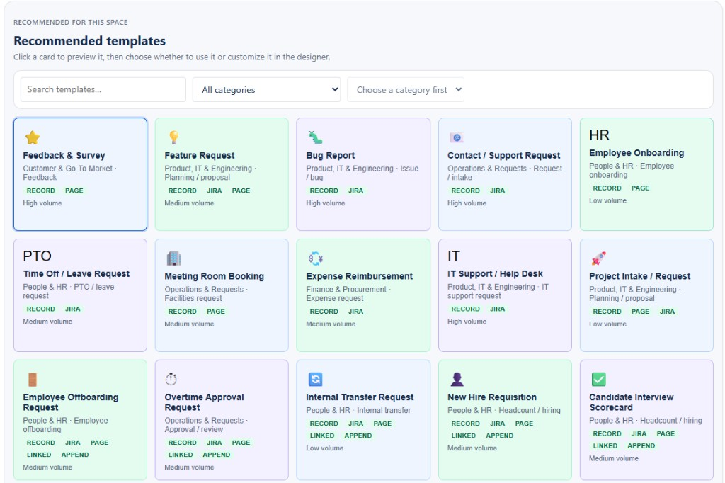 FormHub recommended templates inside Confluence