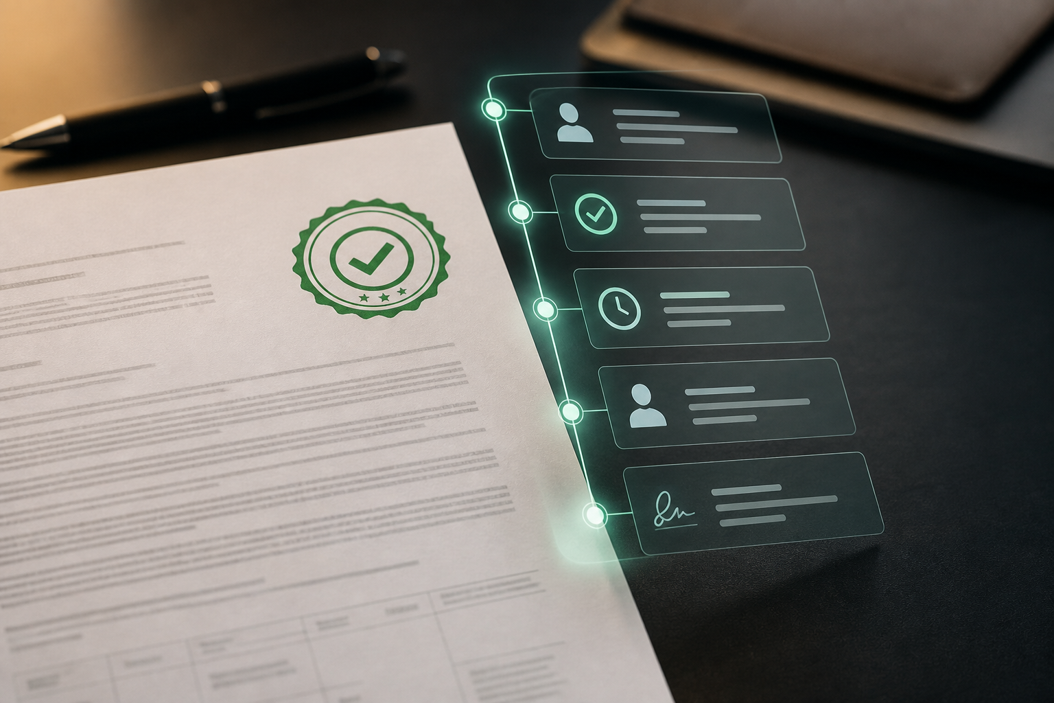 Status badge on a page with a glowing audit trail of who approved and when