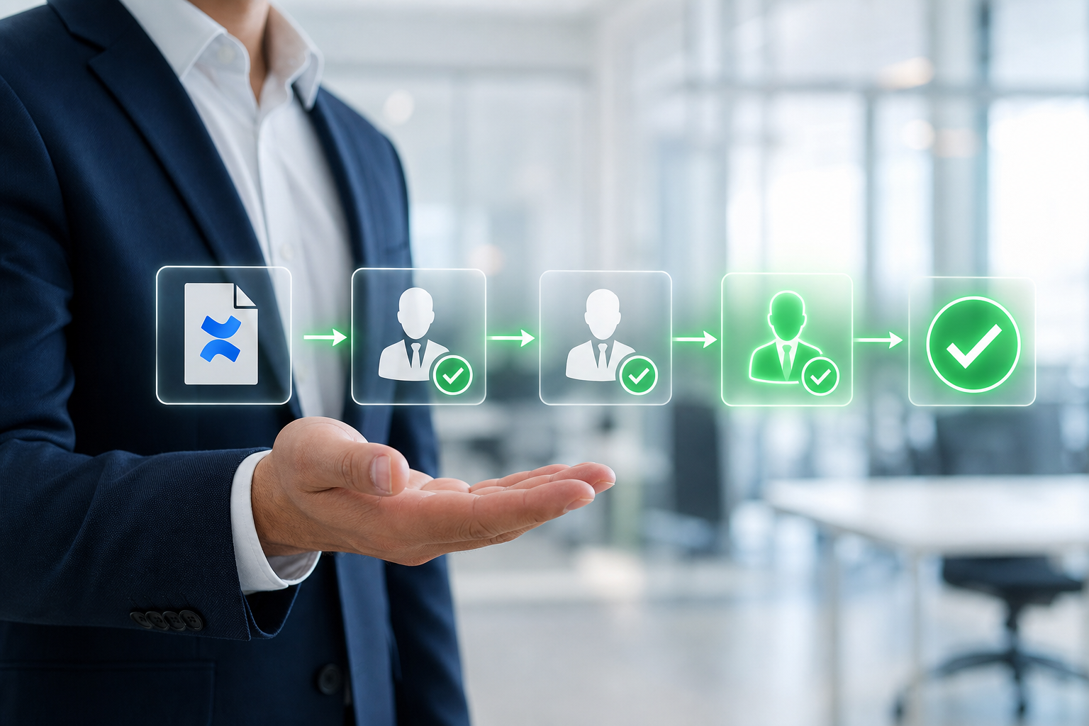 Linear approval chain — document routed through approvers to greenlight