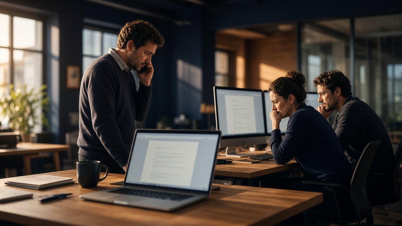 A writer takes an urgent call while colleagues have already opened the unfinished page