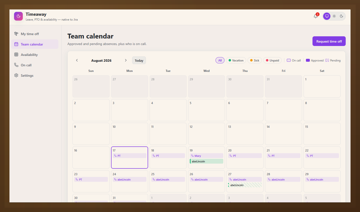 Timeaway team calendar showing leave and on-call