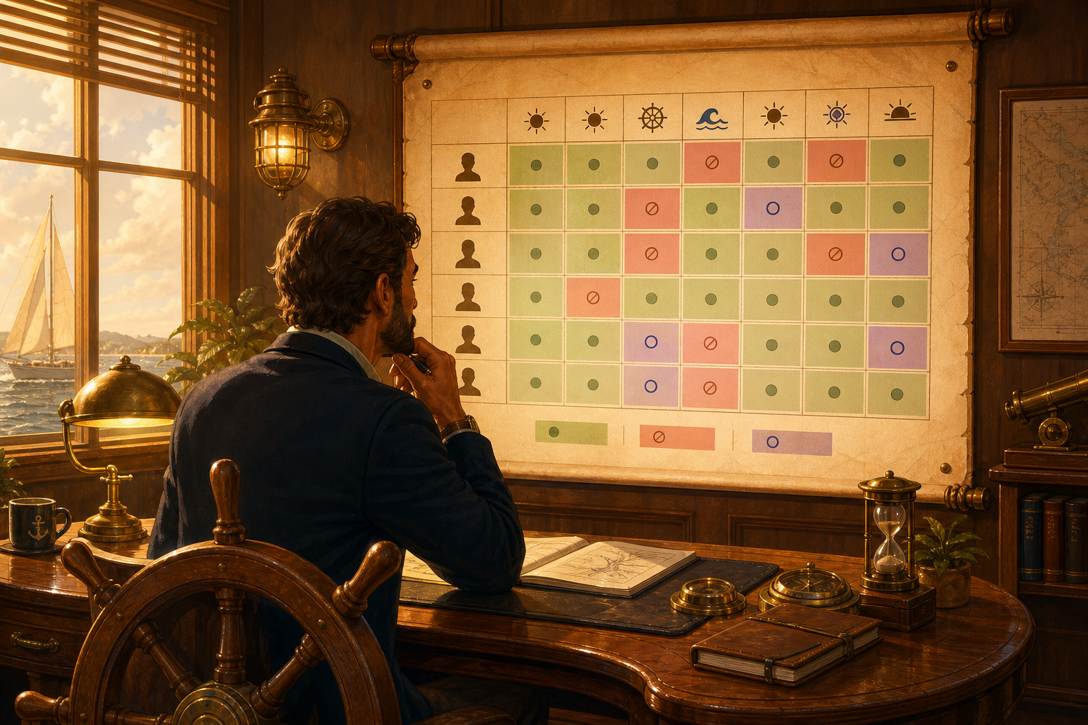 Manager reviewing a team availability heatmap in a warm nautical office