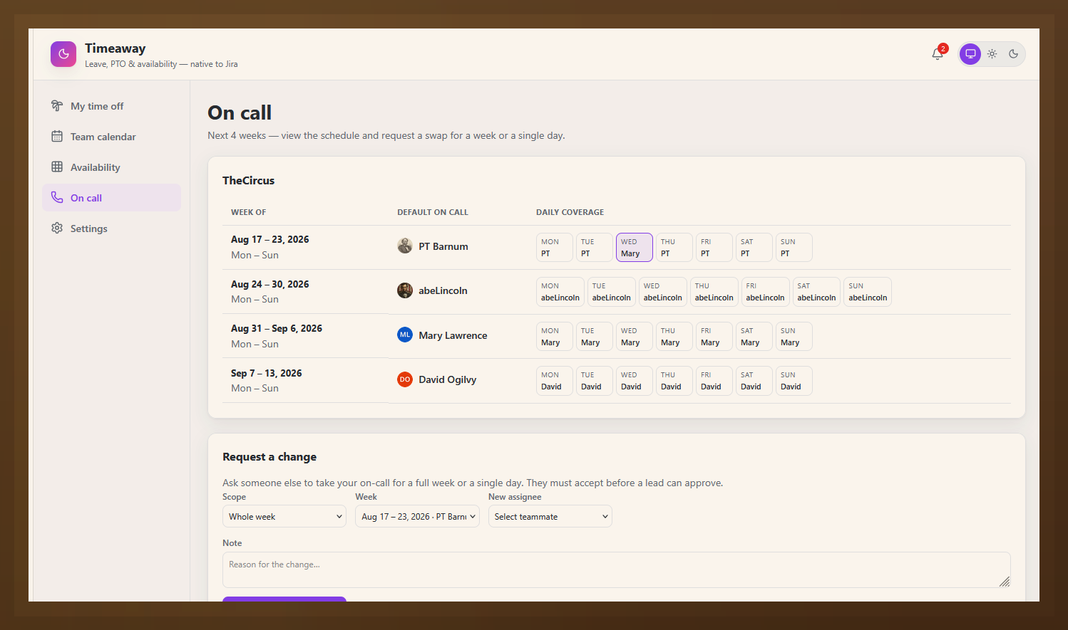Timeaway on-call schedule and handoff requests