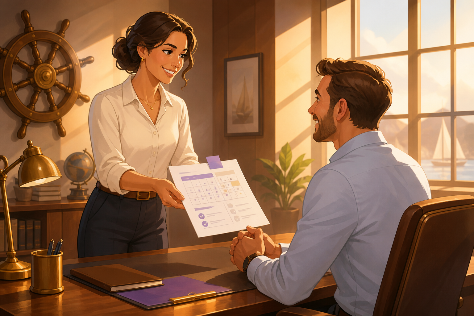 Employee handing a leave plan to their manager in a warm office