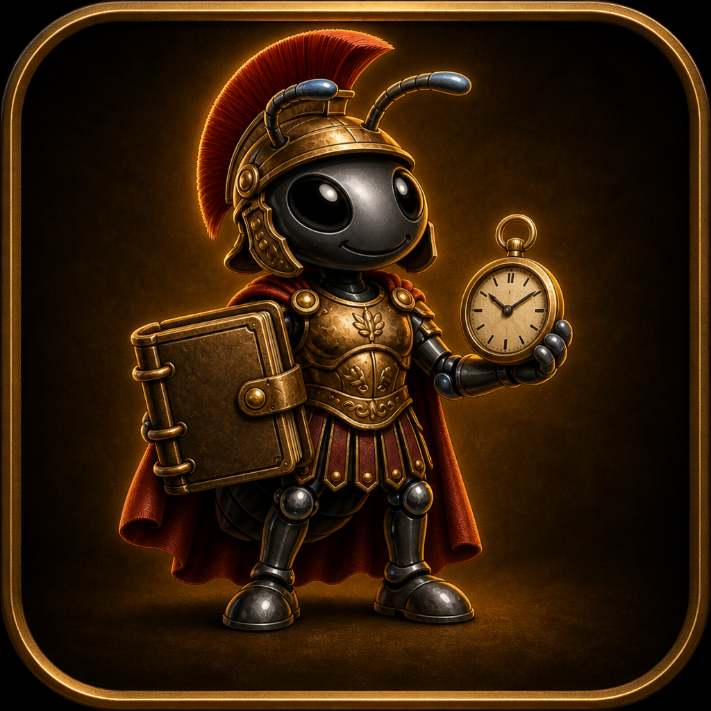 LedgerTime ant in Roman gear with ledger and clock