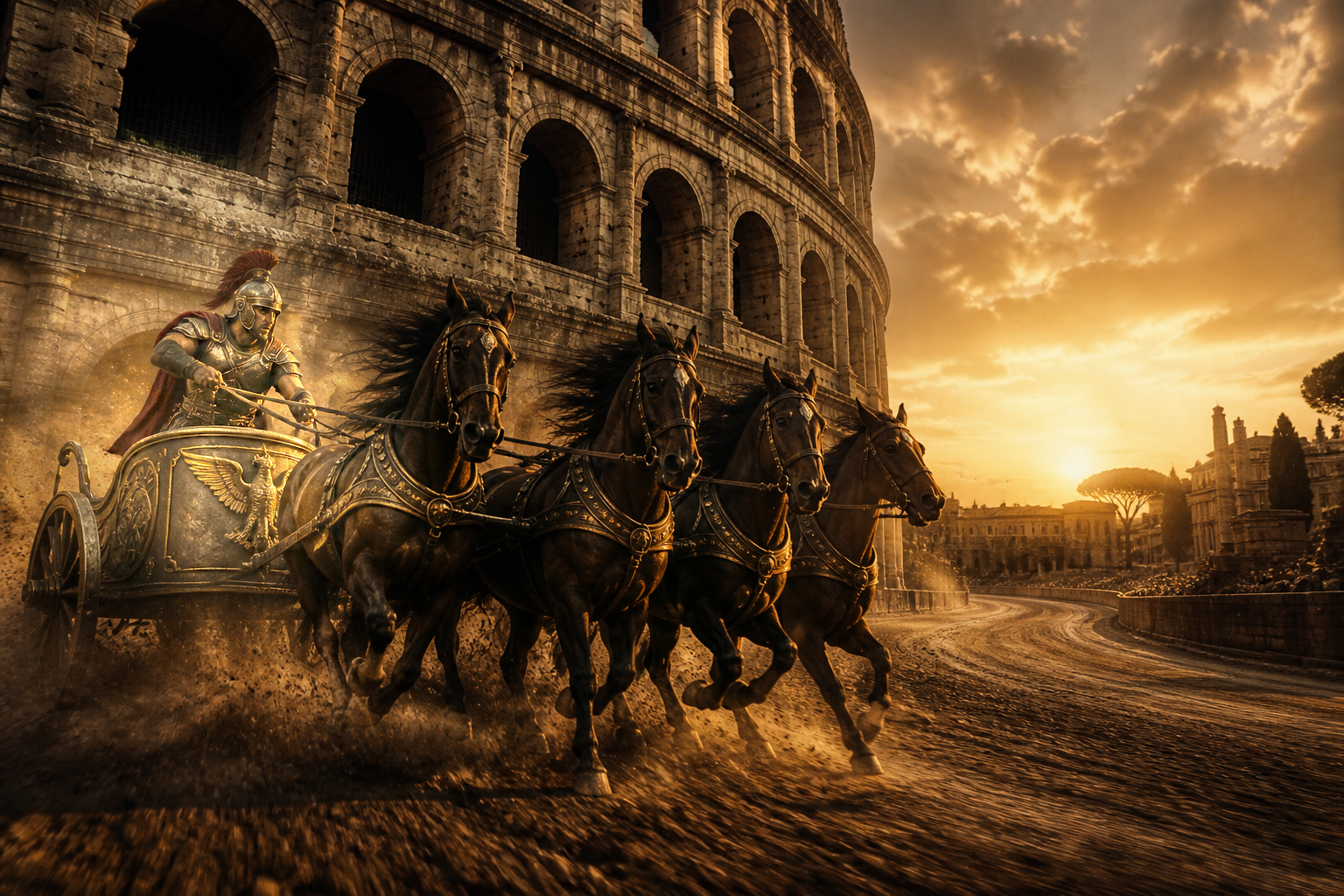 Roman chariot with multiple horses racing around the Colosseum