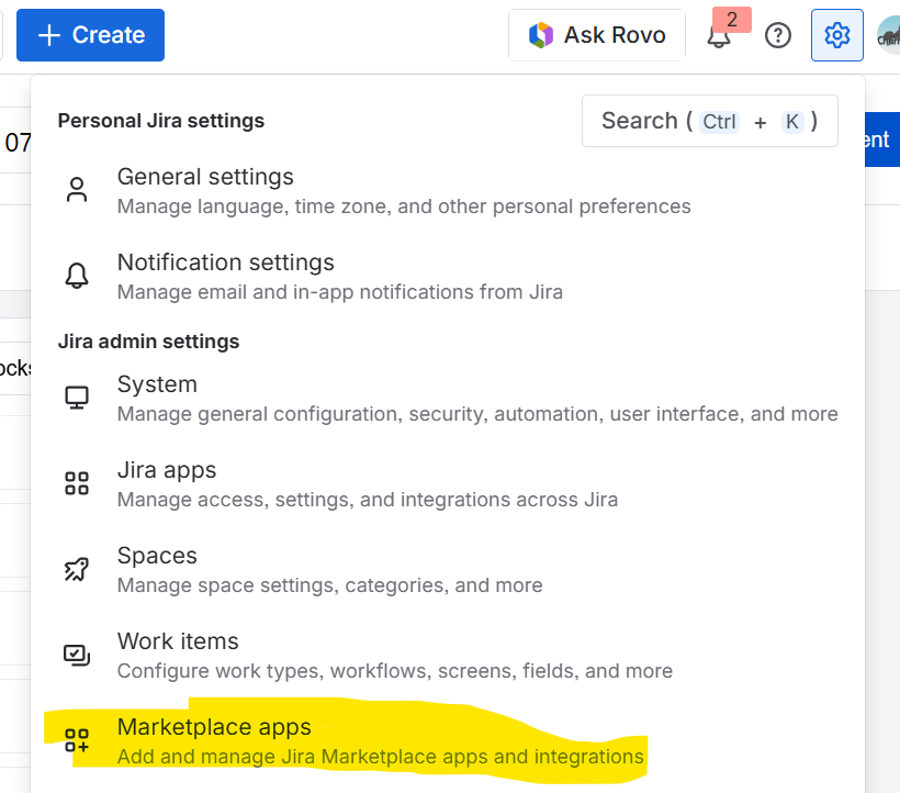 Jira Settings menu with Marketplace apps highlighted