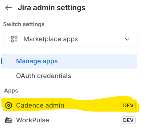 Jira admin sidebar showing Cadence admin under Apps