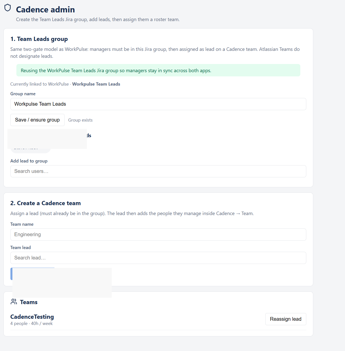 Cadence admin page for Team Leads group and creating a Cadence team