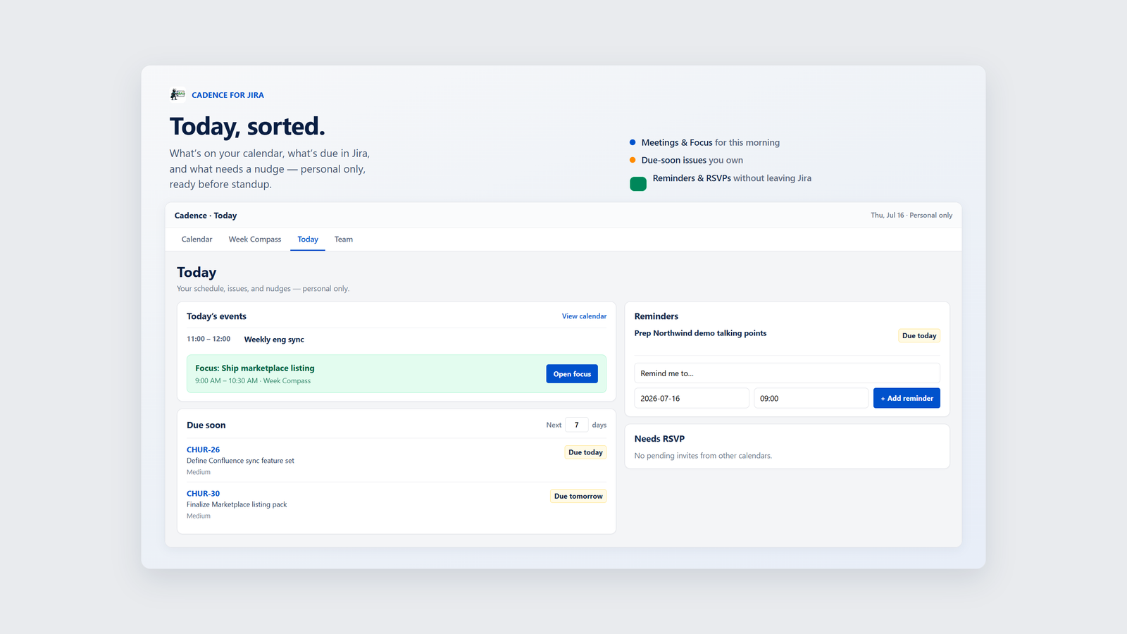 Cadence Today view with schedule and due soon issues