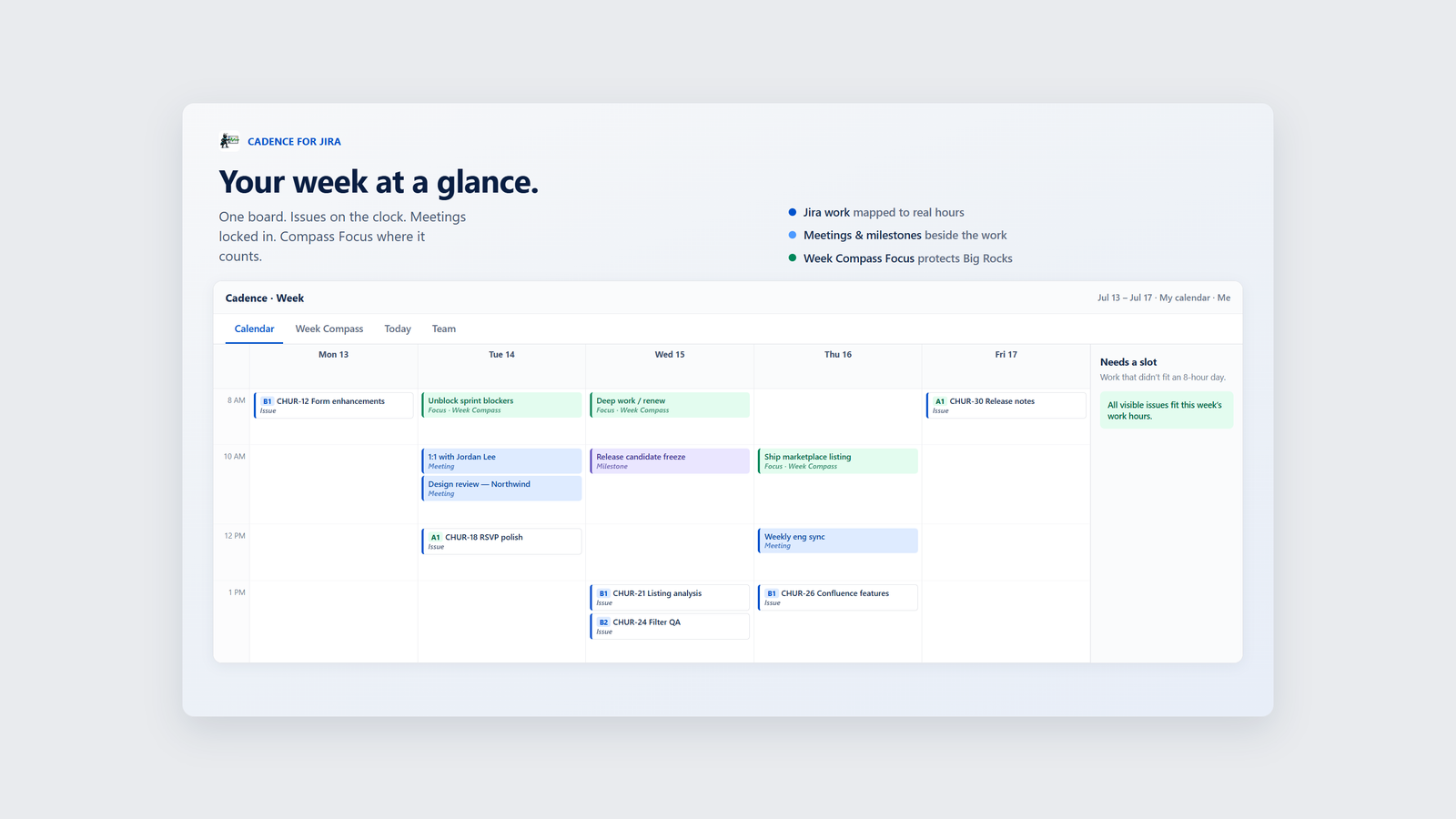 Cadence week calendar with issues and events