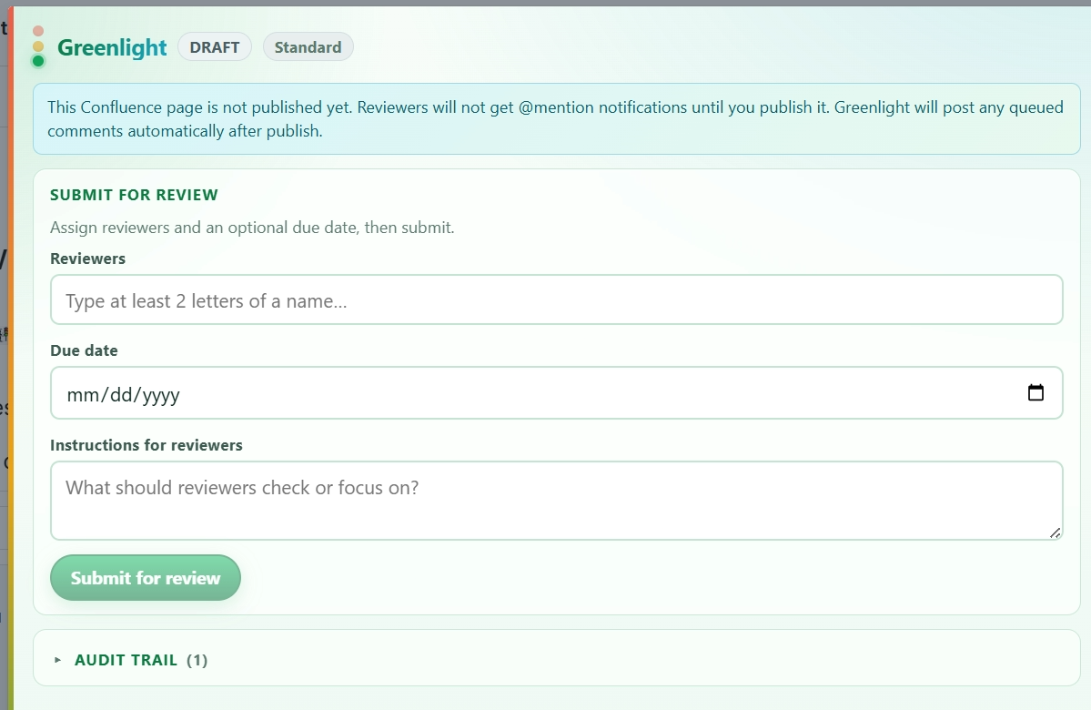 Greenlight approval panel in Draft with reviewers and instructions