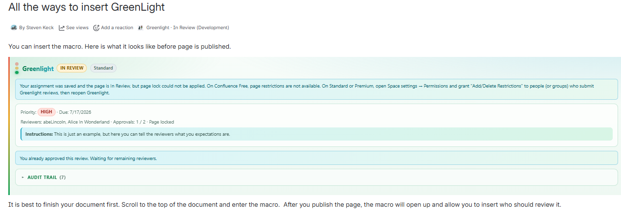Macro showing Approved with Publish action for the owner