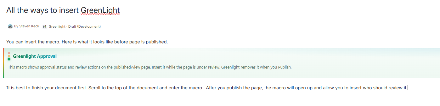 Greenlight Approval macro placeholder in the Confluence editor