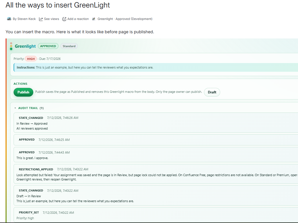 Publish action and audit trail in the Greenlight Approval macro