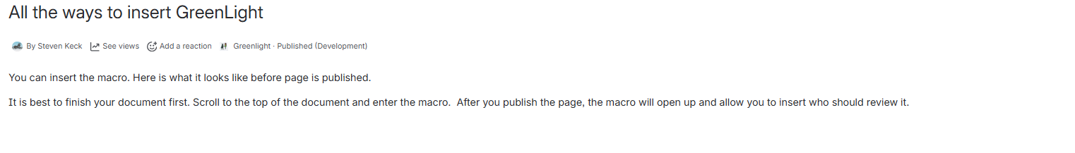 Page after Greenlight Publish — macro removed, byline shows Published