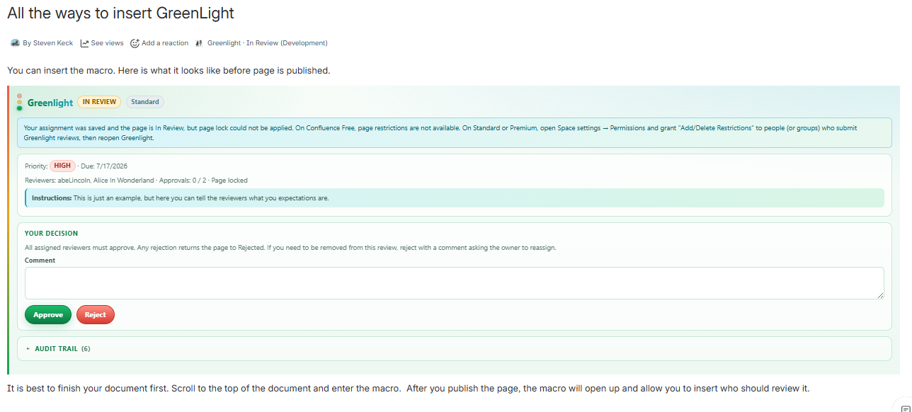 Reviewer decision controls in the Greenlight Approval macro