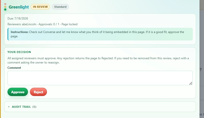 Reviewer decision panel with Approve and Reject