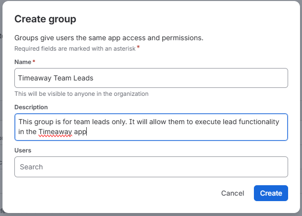 Jira Create group dialog — Timeaway Team Leads with a lead-only description