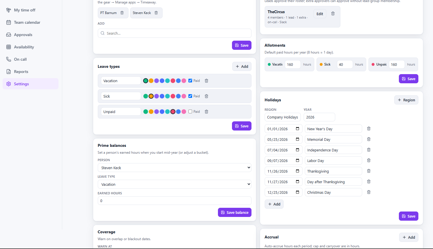 Timeaway Settings — teams, leave types, and policies