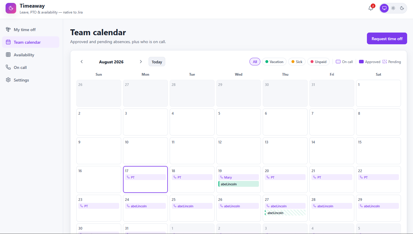 Timeaway team coverage calendar in Jira showing approved leave, pending PTO, and on-call assignments