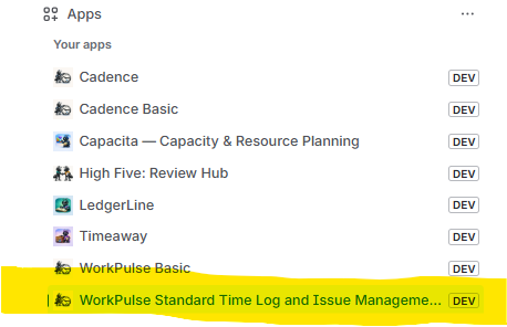 Jira Apps menu with WorkPulse Standard Time Log and Issue Management highlighted